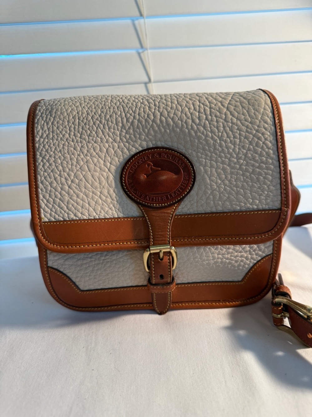 Vintage Dooney & Bourke Cream Pebbled Leather Crossbody with Brown Trim